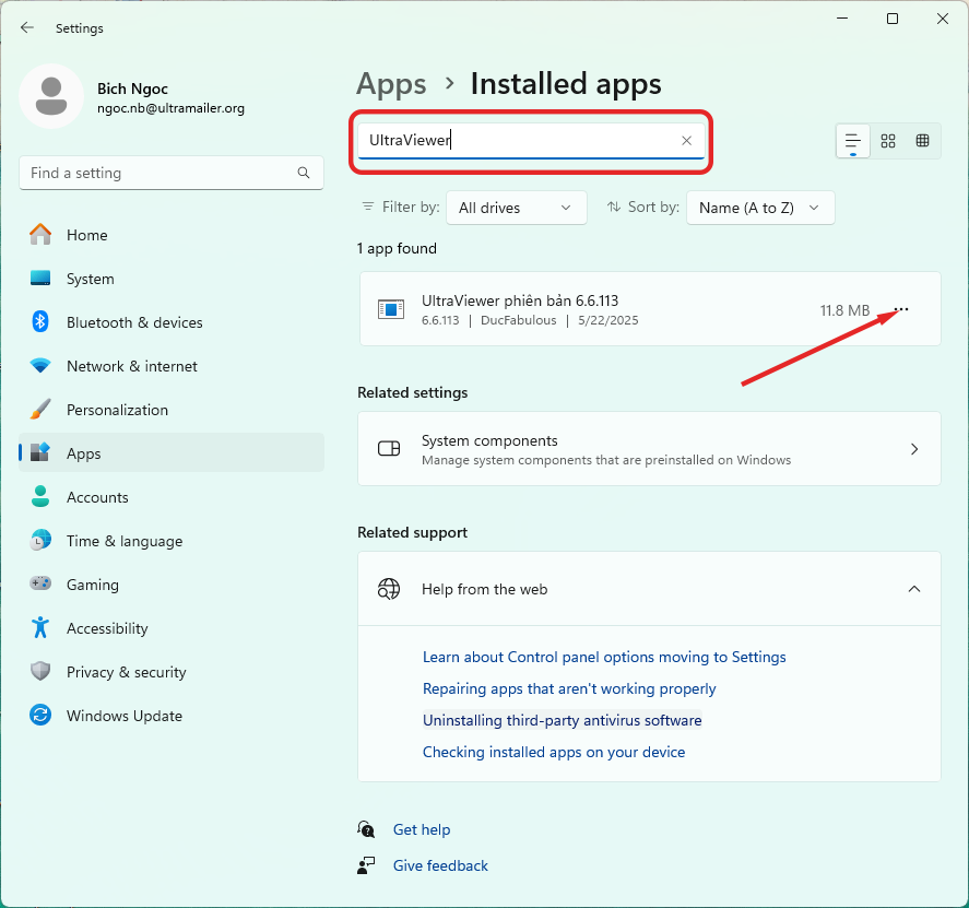 under Apps & features.  Type UltraViewer in the search box