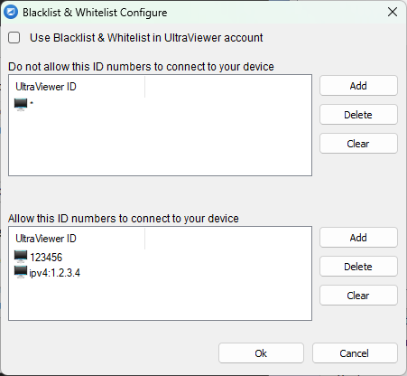 Instructions for using the blacklist-whitelist-feature to only allow certain computers to connect to Ultraviewer