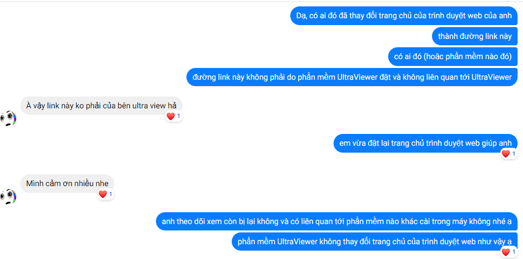 Ảnh chụp màn hình nhân viên của UltraViewer đã hỗ trợ khách hàng xử lý sự cố qua fanpage