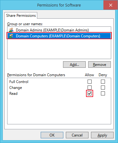 Share Permissions for the Software share: Domain Computers is allowed Read