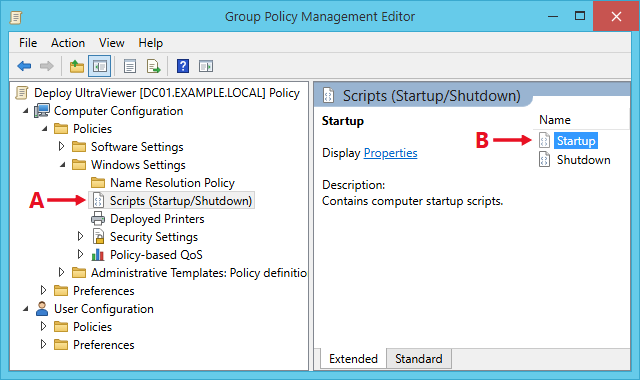 Group Policy Management Editor: Scripts (Startup/Shutdown) under Computer Configuration, with Startup in the right pane