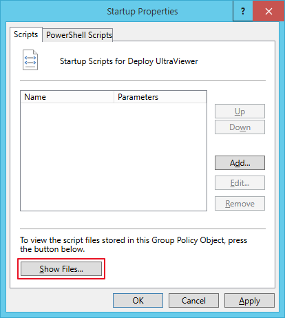 Startup Properties dialog with the Show Files button