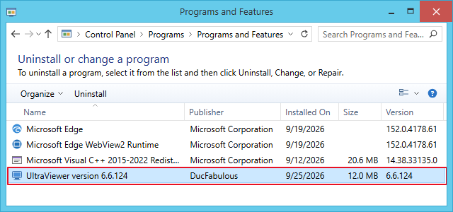 Programs and Features listing UltraViewer version 6.6.124 installed on PC01
