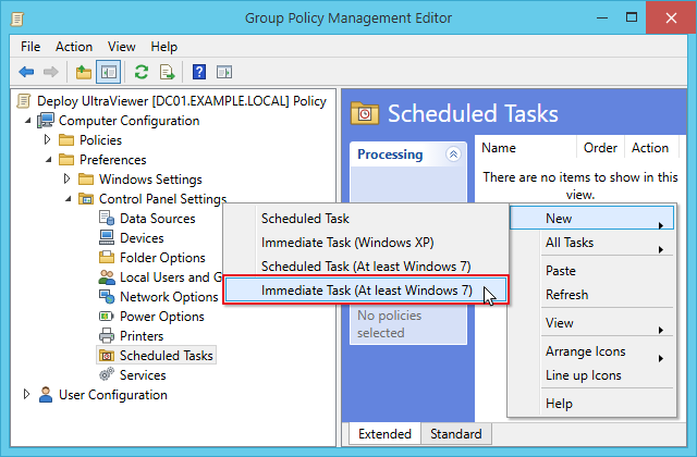 Group Policy Management Editor: Scheduled Tasks selected under Computer Configuration Preferences, right-click menu with New and Immediate Task (At least Windows 7) selected