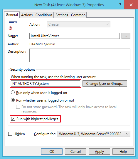General tab of the new immediate task: name Install UltraViewer, user account NT AUTHORITY\System, Run whether user is logged on or not and Run with highest privileges selected