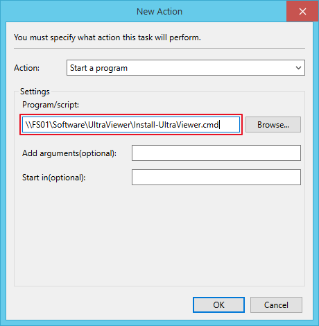 New Action dialog: Start a program with the Program/script path \\FS01\Software\UltraViewer\Install-UltraViewer.cmd