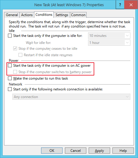 Conditions tab of the immediate task with both power options cleared