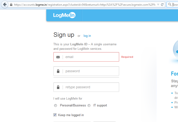 LogMeIn yêu cầu phải dăng kí tài khoản mới cho sử dụng
