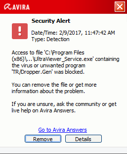 Avira hiện thông báo nhận dạng nhầm UltraViewer là TR/Dropper.Gen