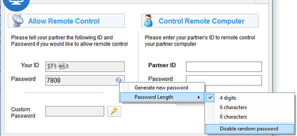 Change password length, reset or disable random password