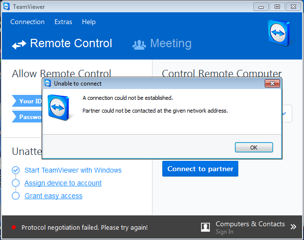 A connection could not be established. Partner could not be contacted at the given network address