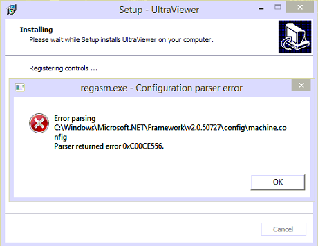 Error parsing C:\\Windows\\Microsoft.NET\\Framework\\v2.0.50727\\config\\machine.config Parser returned error 0xC00CE556
