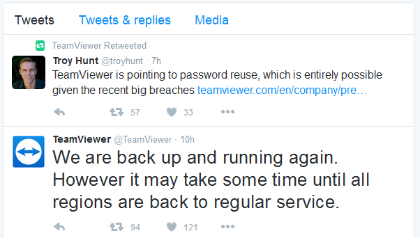 TeamViewer thông báo về sự cố trên trang Twitter