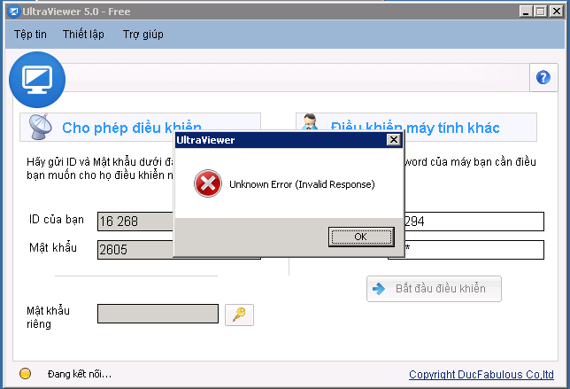 Bản UltraViewer 5.0.13 bị lỗi Unknown error (invalid response)