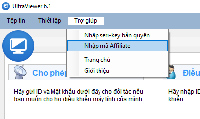 Trên phần mềm UltraViewer, bạn vào menu Trợ giúp > Nhập mã Affiliate